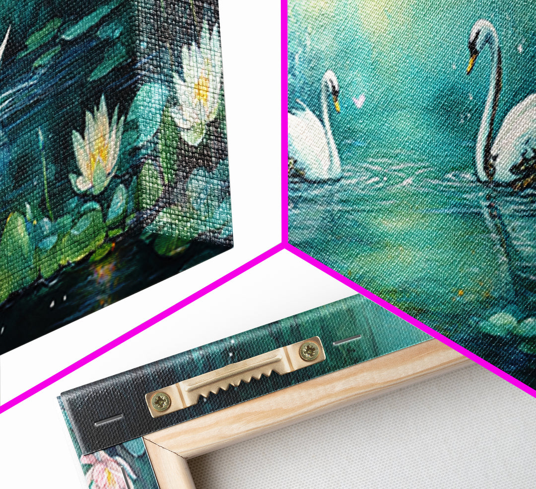 White Swans And Water Lilies Framed Canvas Print, Romantic Nature Wall Art, Elegant Bedroom Decor, Gift For Her, Living Room Art