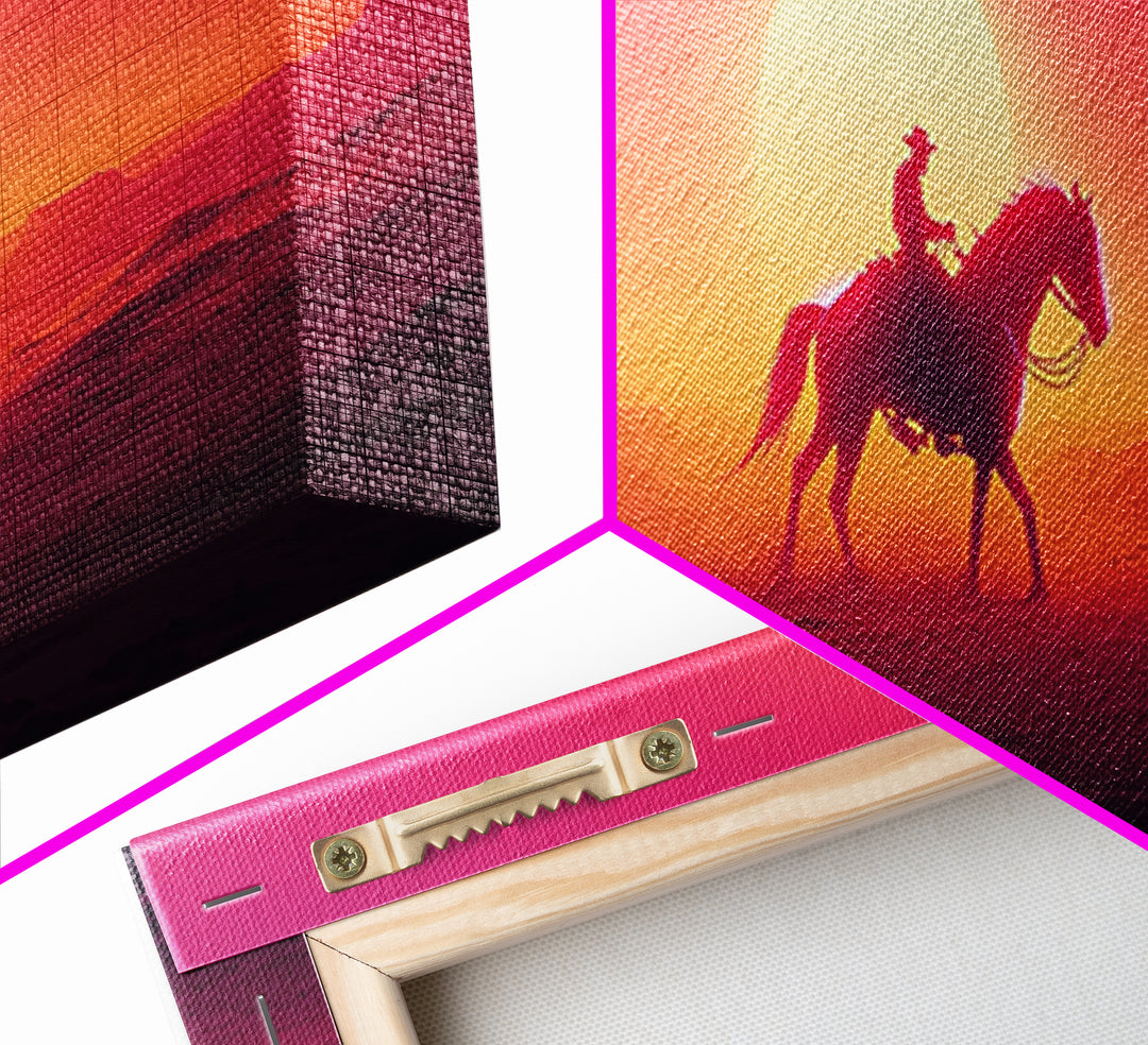 Silhouette Cowboy Riding Horse At Desert Sunset Wall Art, Western Landscape Print, Southwestern Decor, Gift For Him, Man Cave Decor