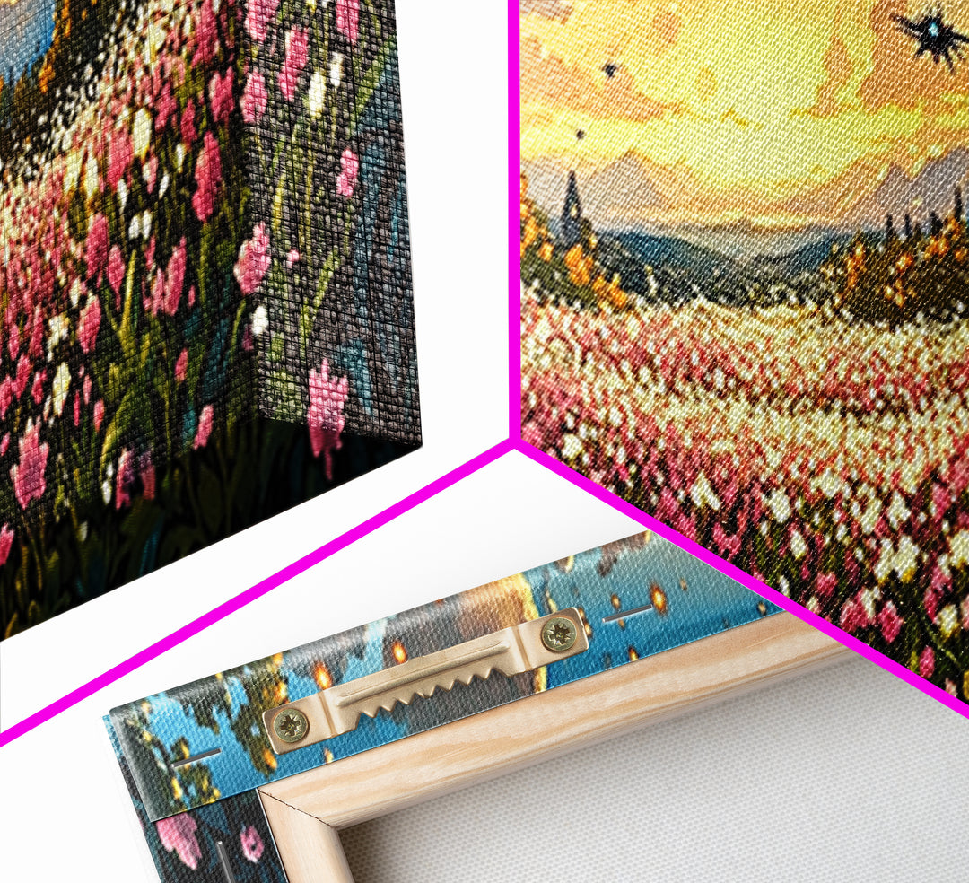 Glowing Lanterns Over Pink Flower Valley Canvas Print, Whimsical Floral Wall Art, Maximalist Decor, Living Room Decor, Home Decor