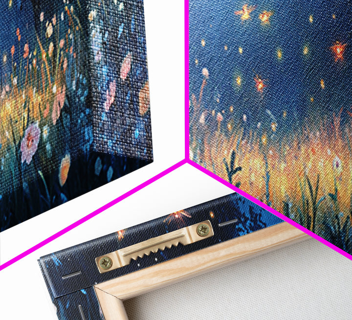 Firefly Night Meadow With Soft Wildflowers Framed Canvas Print, Whimsical Wall Art, Dark Floral Decor, Bedroom Wall Decor