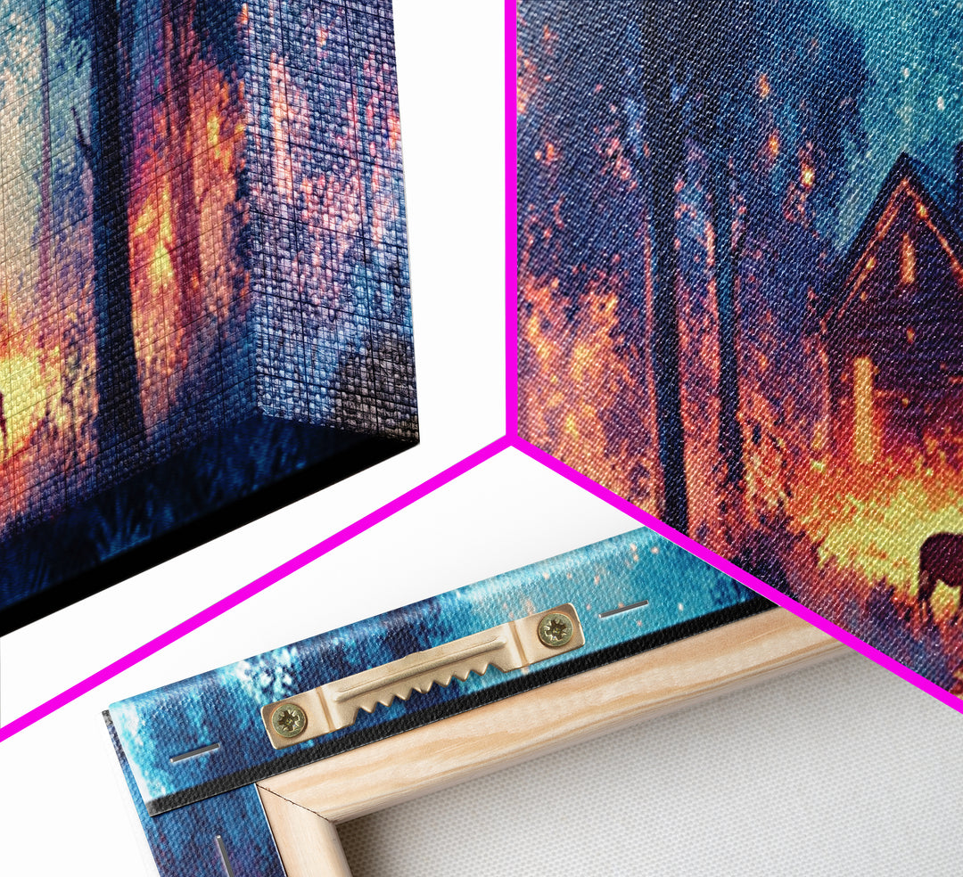 Glowing Cabin In Blue Twilight Forest Framed Canvas Print, Moody Landscape Wall Art For Rustic Home Decor And Office Decor