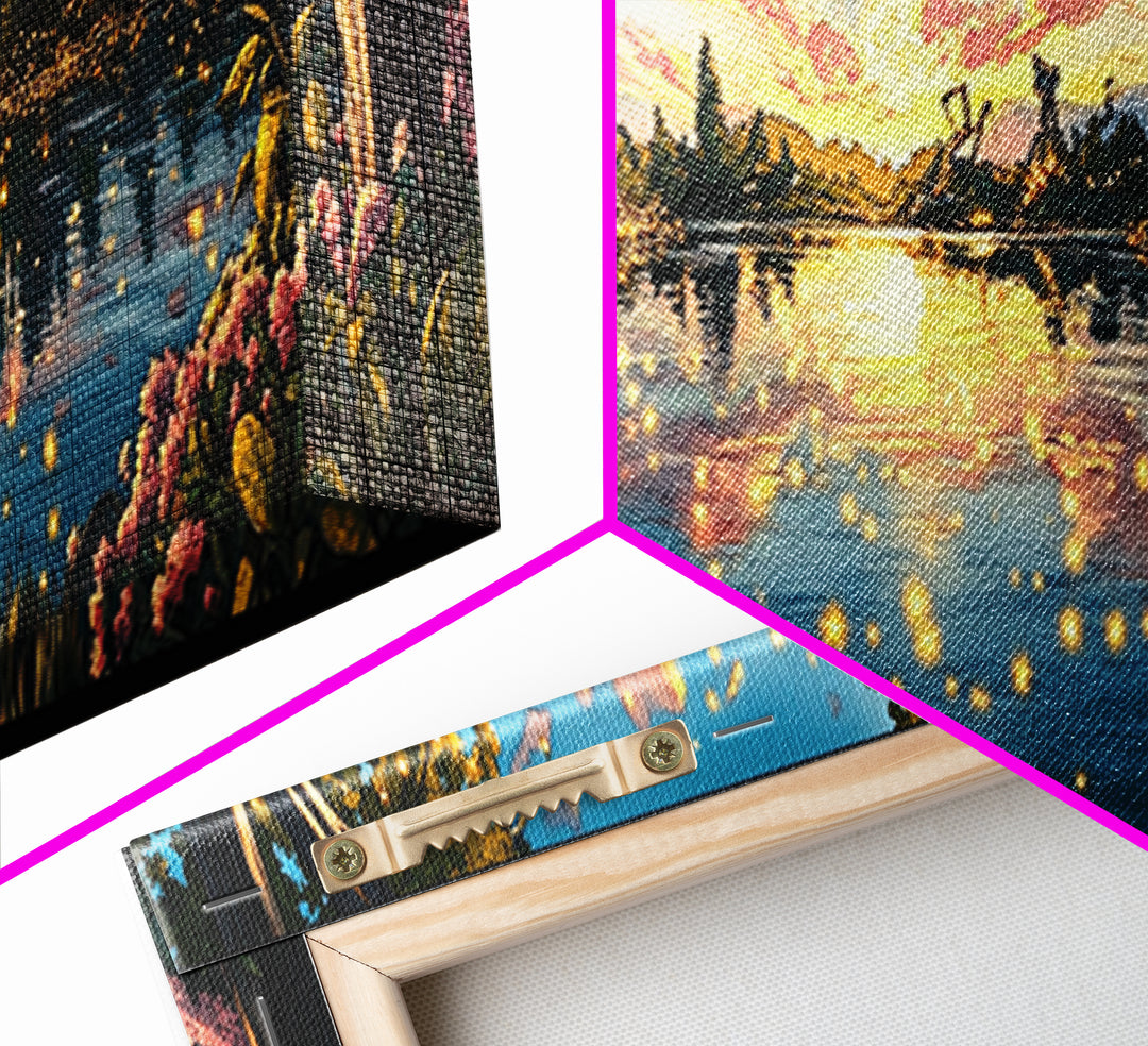 Golden Sunset Lake With Fireflies And Pink Blossoms Canvas Print, Romantic Nature Wall Art For Bedroom Decor And Home Decor