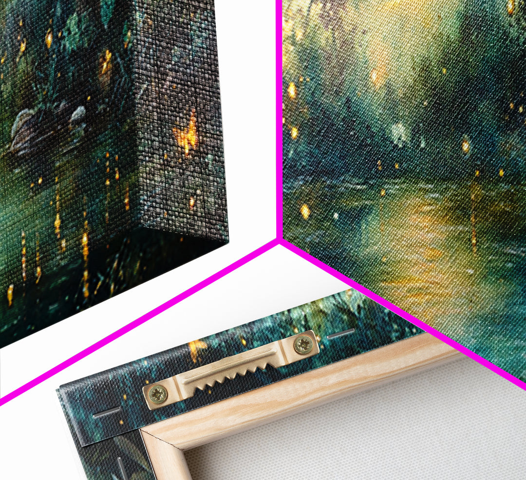 Enchanted Moonlit River With Fireflies And Butterflies Wall Art, Moody Fantasy Canvas Print For Bedroom Decor And Cozy Home Decor