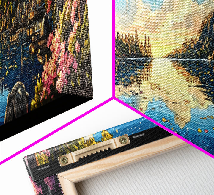 Starry Mountain Lake Village With Pink Flowers Framed Canvas Print, Panoramic Landscape Wall Art For Living Room Decor And Home Decor