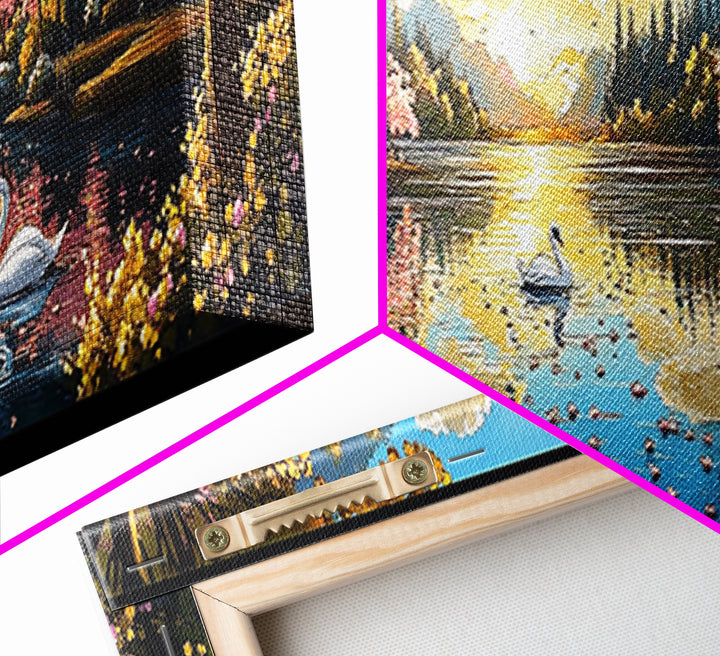 Swans On Golden Lake With Cherry Blossoms Framed Canvas Print, Romantic Landscape Wall Art For Bedroom Decor And Home Decor