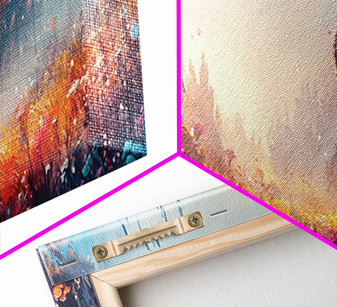 Misty Fantasy Flower Field With Dark Castle Canvas Print, Surreal Landscape Wall Art, Colorful Whimsical Bedroom Decor Gift