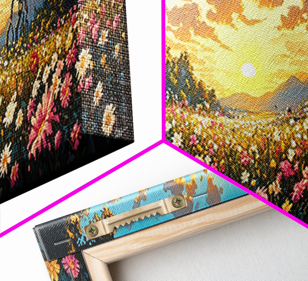 Sunrise Daisy Meadow With Tiny Robots Framed Canvas Print, Panoramic Floral Wall Art, Bright Farmhouse Living Room Decor