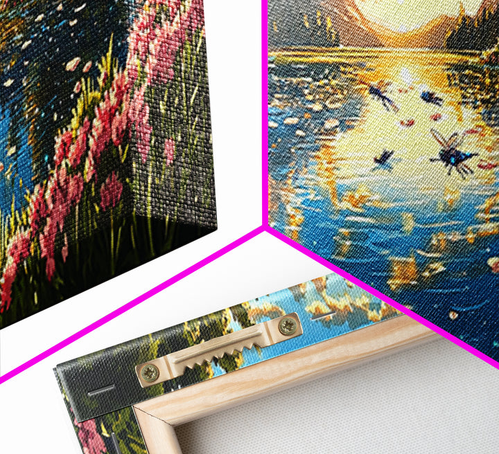 Sparkling Mountain Lake With Pink Wildflowers Canvas Print, Panoramic Landscape Wall Art, Nature Decor For Living Room Gift