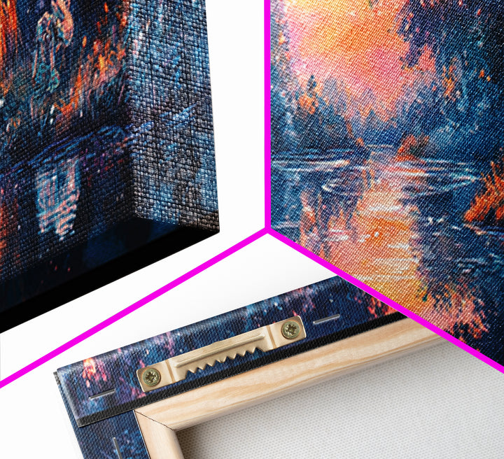 Enchanted Twilight Forest Lake Wall Art, Magical Firefly Landscape Canvas, Fantasy Woodland Decor, Panoramic Nature Print