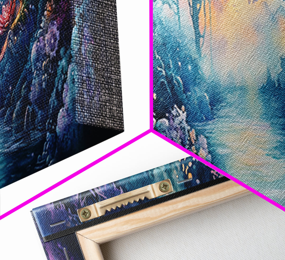 Mystical Flower Grotto River Wall Art, Fantasy Botanical Canvas Print, Whimsical Fairycore Decor, Dreamy Landscape Art Print