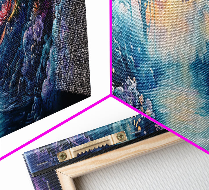 Mystical Flower Grotto River Wall Art, Fantasy Botanical Canvas Print, Whimsical Fairycore Decor, Dreamy Landscape Art Print