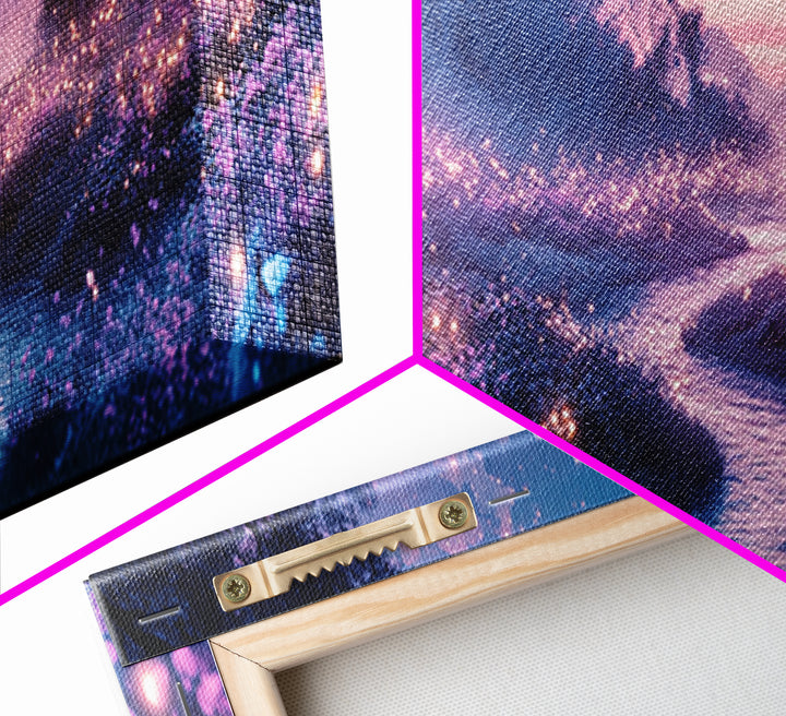 Glowing Purple Meadow Stream Wall Art, Twilight Firefly Landscape Canvas Print, Dreamy Forest Decor, Magical Nature Art Gift