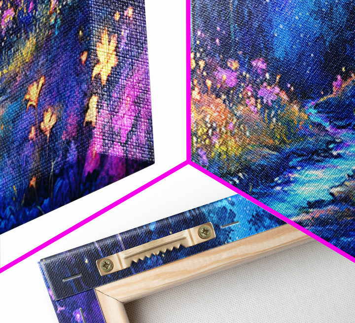 Moonlit Blue Forest Stream Wall Art, Glowing Wildflower Landscape Canvas Print, Fairy Garden Decor, Magical Nature Art Gift