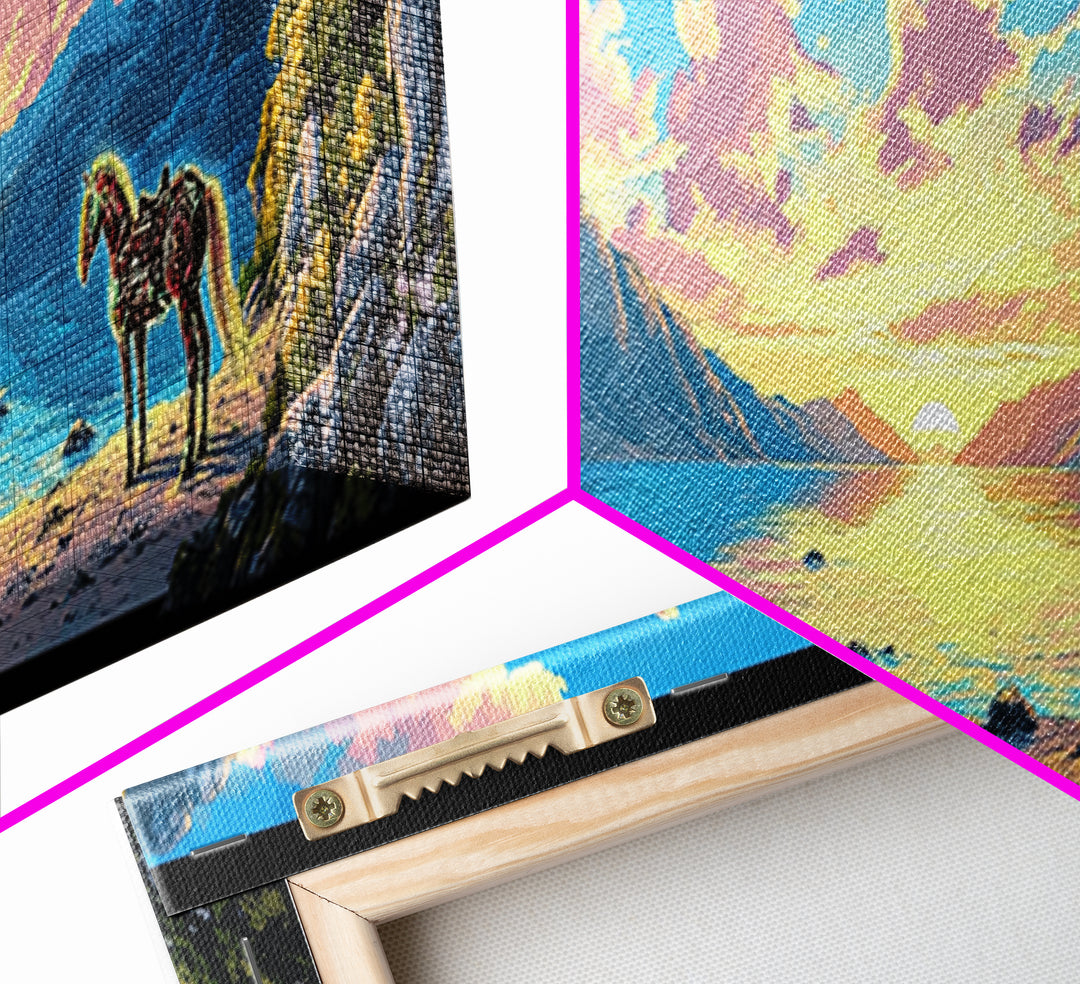 Pastel Mountain Cove With Zebra Wall Art, Fantasy Coastal Landscape Canvas Print, Surreal Beach Decor, Colorful Nature Art