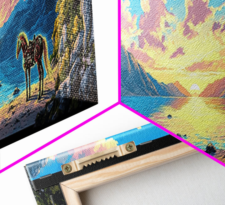 Pastel Mountain Cove With Zebra Wall Art, Fantasy Coastal Landscape Canvas Print, Surreal Beach Decor, Colorful Nature Art