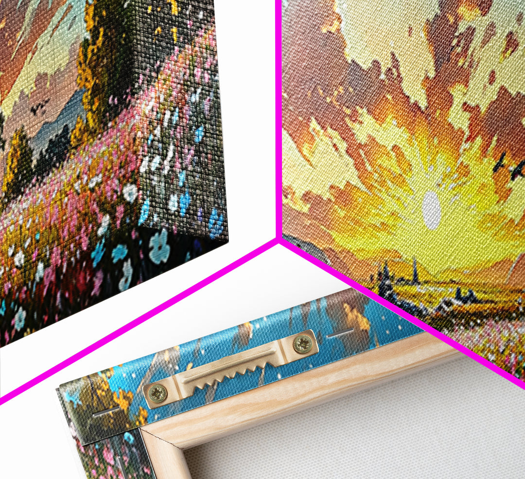 Golden Sunrise Wildflower Meadow Wall Art, Wide Horizontal Canvas Print, Landscape Art, Above Sofa Decor, Modern Home Decor