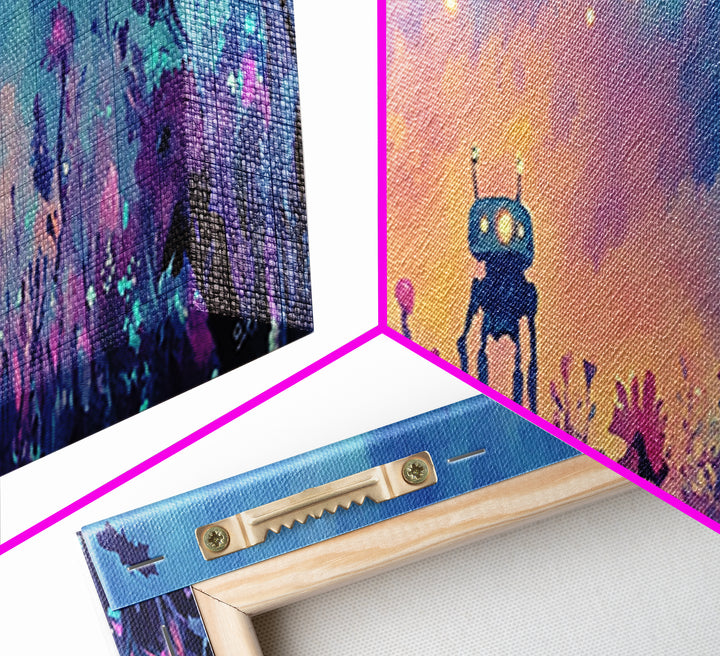Cute Robots In Pastel Wildflower Field Wall Art, Whimsical Canvas Print, Sci Fi Decor, Kids Room Art, Unique Gift, Nursery Decor
