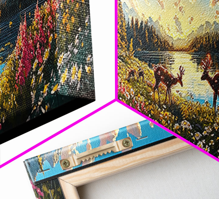 Rustic Cabin With Deer And Wildflowers Framed Canvas Print, Mountain Lake Wall Art, Farmhouse Decor, Housewarming Gift, Living Room Decor