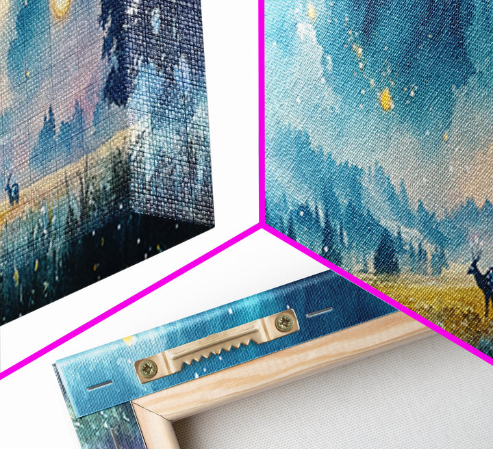 Moonlit Blue Meadow With Deer And Fireflies Wall Art, Dreamy Landscape Canvas Print, Celestial Decor, Calming Bedroom Decor