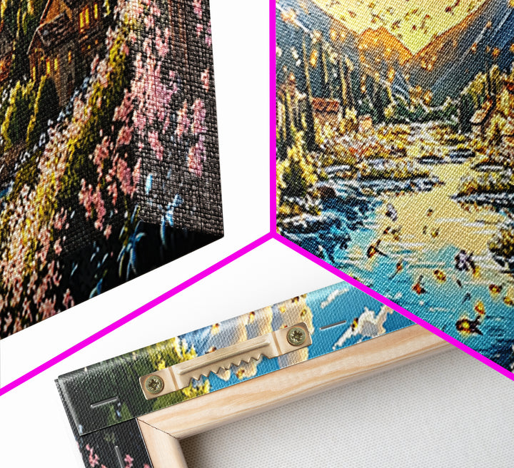 Sunny Mountain River Village With Wildflowers Wall Art, Panoramic Landscape Canvas Print, Rustic Home Decor, Above Sofa Art
