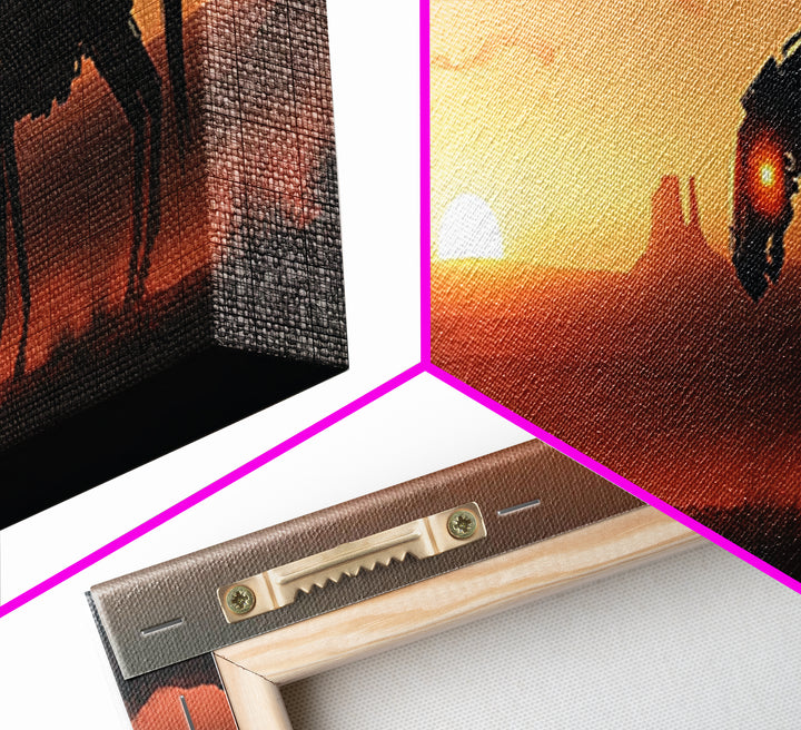 Cyberpunk Cowboy And Mechanical Horse At Sunset Wall Art, Sci Fi Western Canvas Print, Desert Landscape Man Cave Office Decor