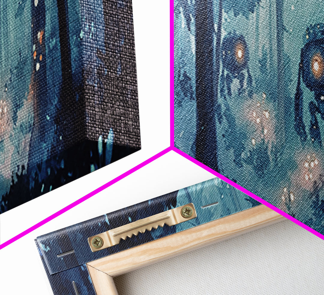 Misty Blue Forest Robots With Glowing Lantern Eyes Wall Art, Sci Fi Fantasy Canvas Print, Moody Woodland Home Office Decor