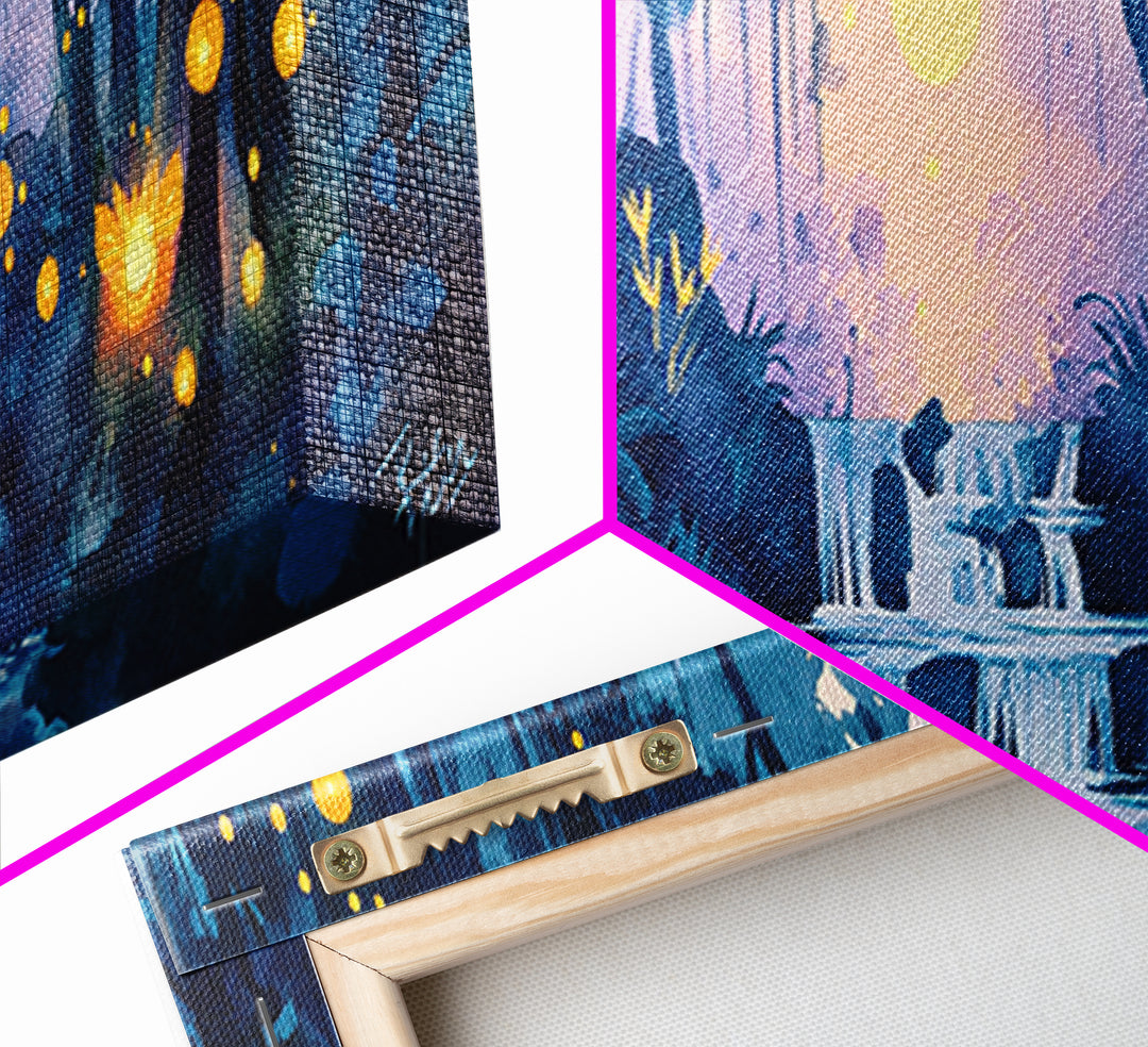 Moonlit Blue Jungle Waterfall With Glowing Fireflies Wall Art, Fantasy Watercolor Canvas Print, Whimsical Bathroom Decor
