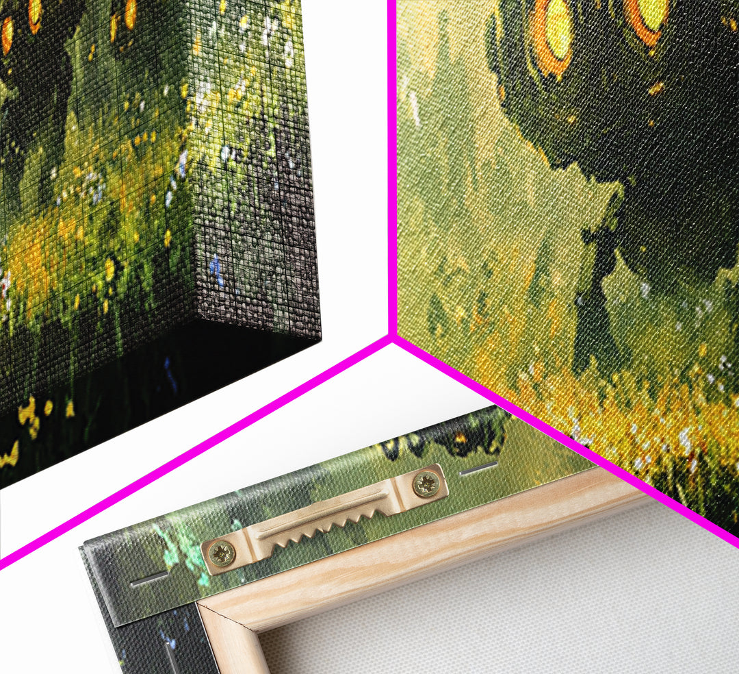 Children In Glowing Meadow Watching Flying Robots Wall Art, Sci Fi Fantasy Canvas Print, Whimsical Futuristic Home Decor