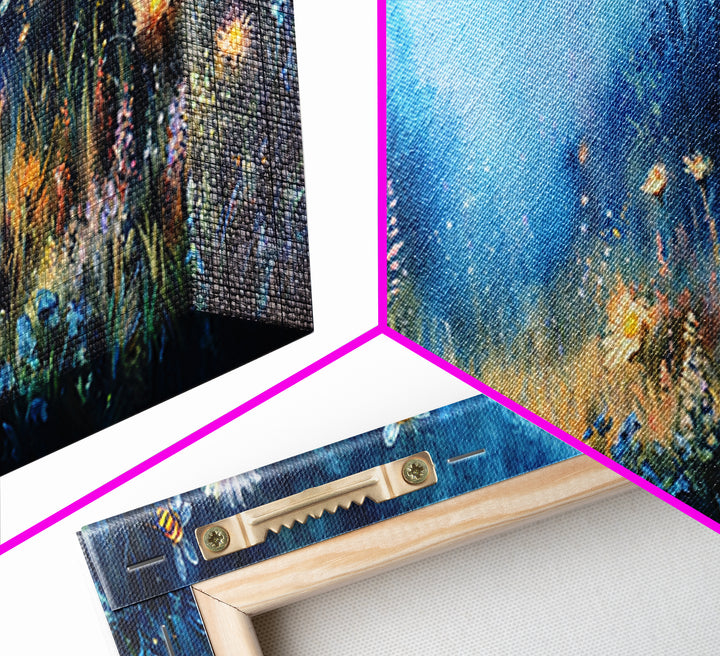 Glowing Firefly Wildflower Night Meadow Canvas Print, Whimsical Wall Art, Moody Botanical Art, Dark Blue Wall Decor, Bedroom Decor