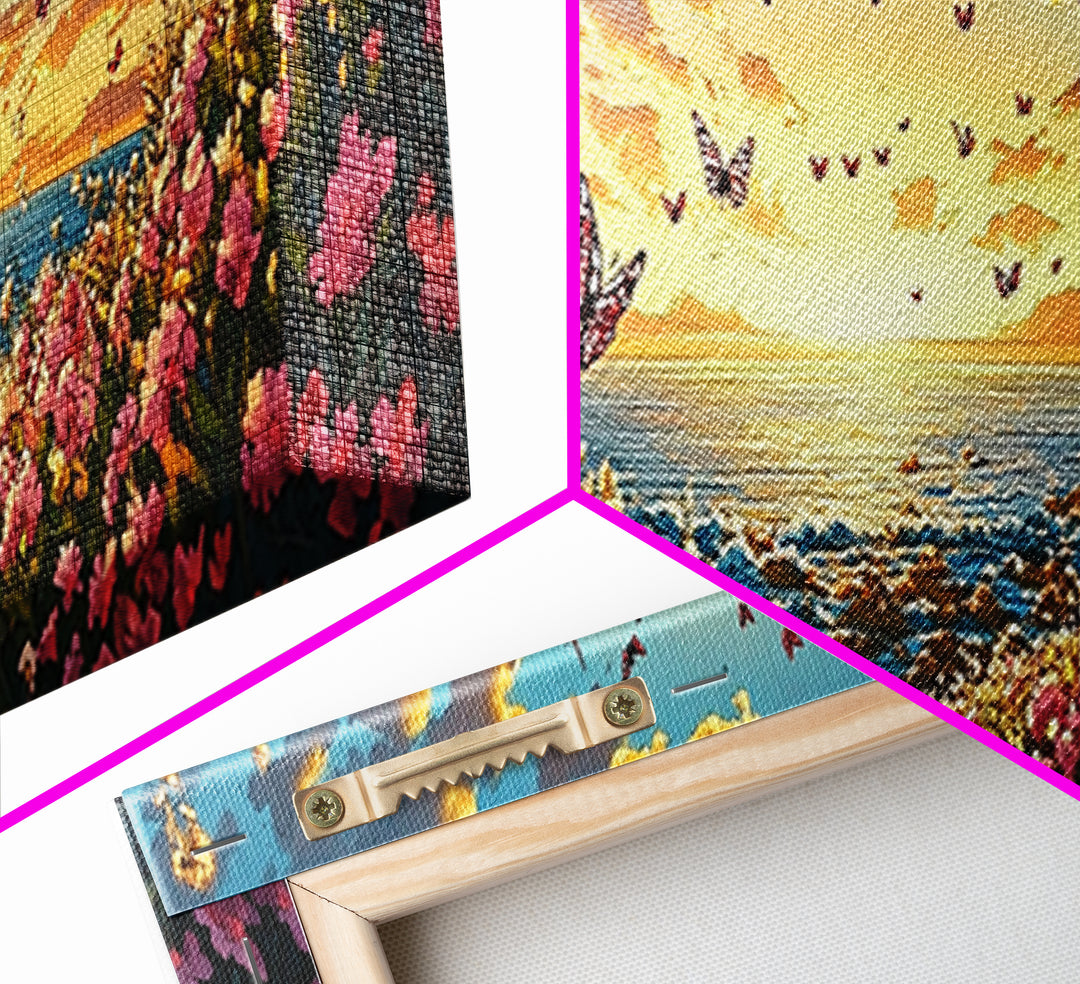 Butterfly Ocean Sunset Pink Flower Canvas Print, Coastal Wall Art, Romantic Bedroom Art, Beach House Decor, Gift For Her