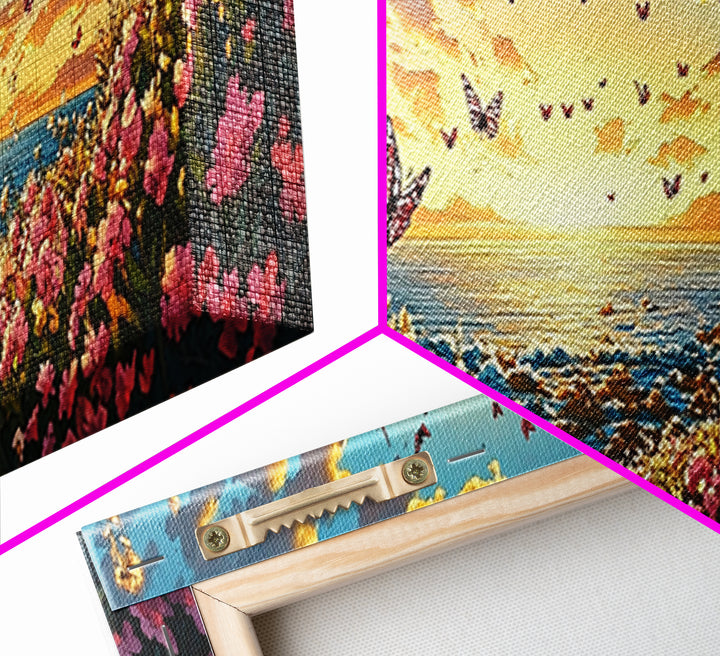 Butterfly Ocean Sunset Pink Flower Canvas Print, Coastal Wall Art, Romantic Bedroom Art, Beach House Decor, Gift For Her