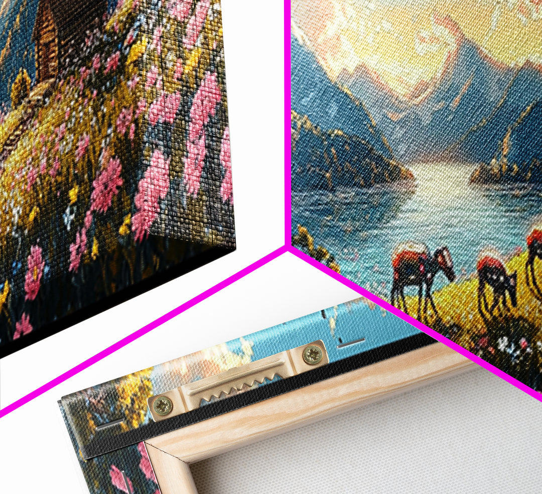 Alpine Lake With Horses And Flower Meadow Wall Art, Mountain Landscape Canvas Print, Rustic Cabin Decor, Living Room Art