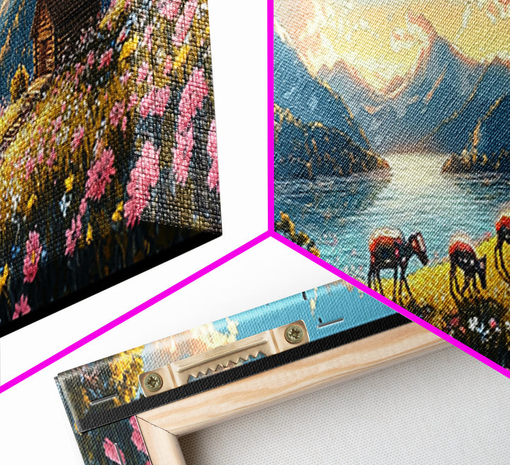 Alpine Lake With Horses And Flower Meadow Wall Art, Mountain Landscape Canvas Print, Rustic Cabin Decor, Living Room Art