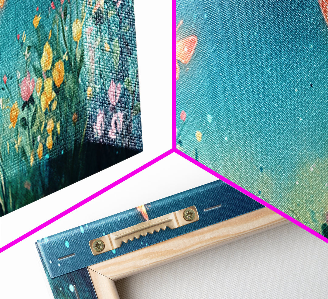 Butterflies Over Teal Wildflower Garden Wall Art, Whimsical Floral Canvas Print, Nursery Decor, Bedroom Wall Decor Gift