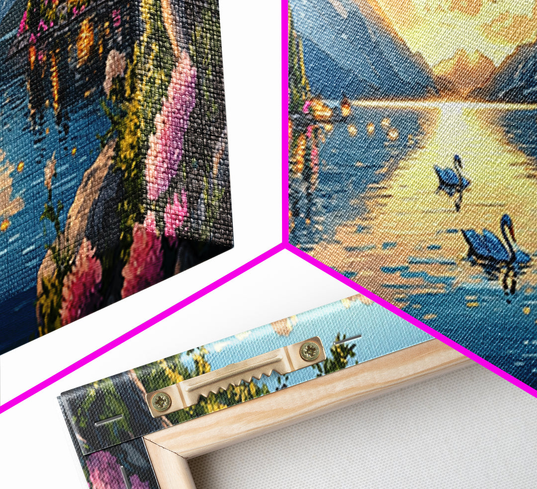 Italian Lake Sunset With Swans Framed Canvas Print, Romantic Coastal Wall Art, Mediterranean Decor, Large Living Room Art