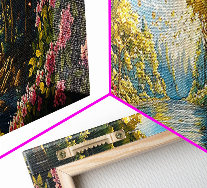 Enchanted Forest River With Flowers Canvas Print, Whimsical Wall Art, Nature Landscape Home Decor, Butterfly Gift For Her