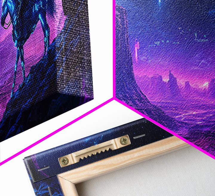 Neon Cyberpunk Cowboy In Desert Framed Canvas Print, Sci Fi Wall Art, Futuristic Western Decor, Gaming Room Gift For Him