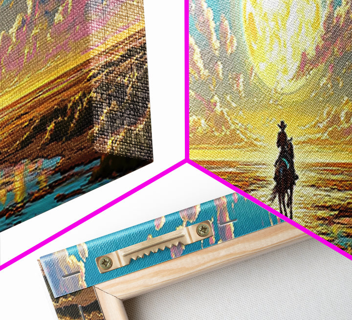Solitary Rider Beneath Golden Moon Wall Art, Panoramic Western Landscape Print, Celestial Desert Decor, Above Bed Art Gift