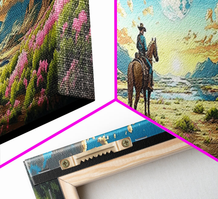 Cowboy On Horse In Moonlit Flower Valley Framed Canvas Print, Western Mountain Landscape, Pink Floral Wall Decor Gift For Her