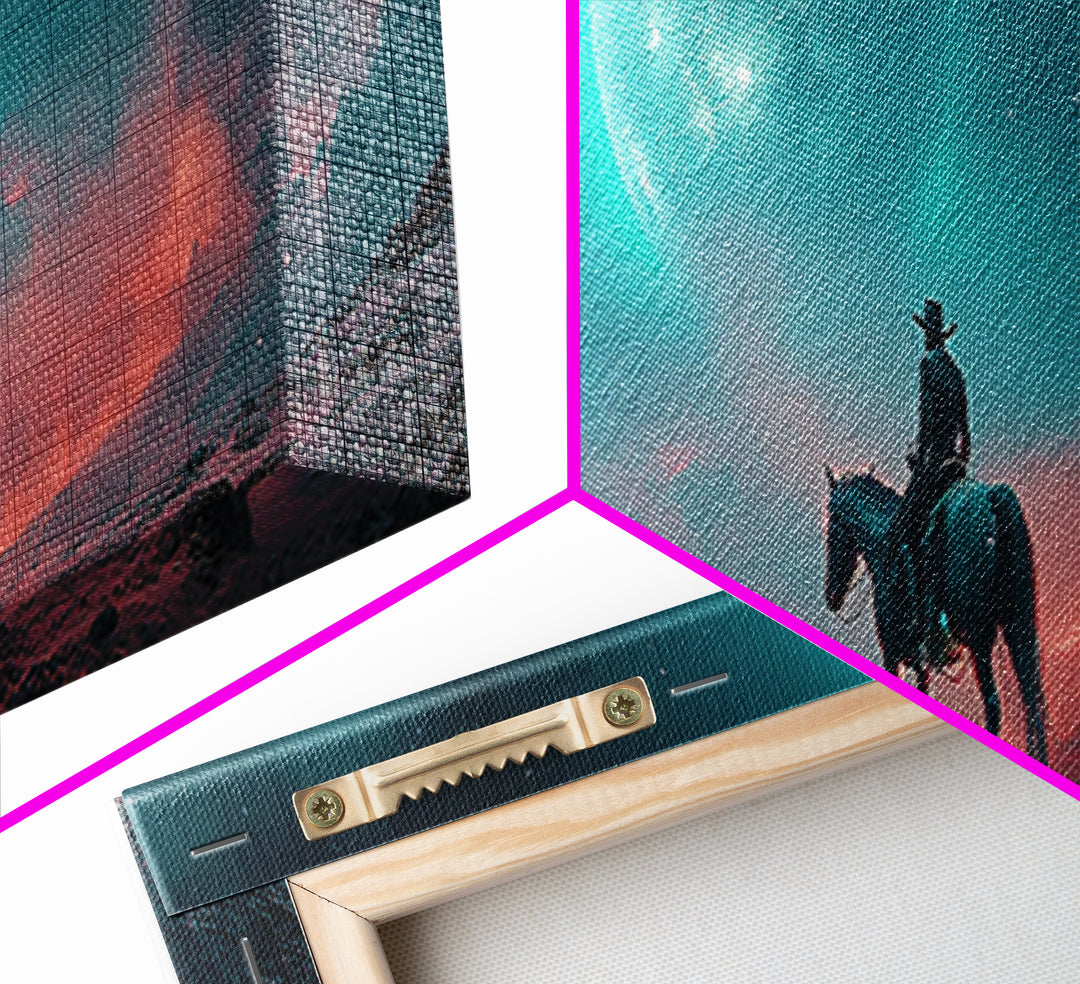 Moonlit Lone Rider In Teal Desert Wall Art, Fantasy Western Landscape Print, Moody Celestial Decor, Horse Lover Gift For Him