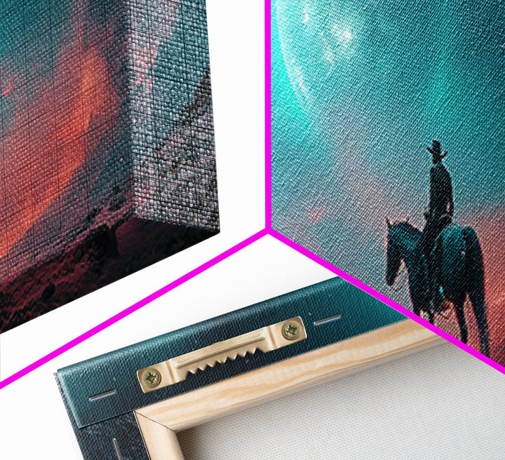 Moonlit Lone Rider In Teal Desert Wall Art, Fantasy Western Landscape Print, Moody Celestial Decor, Horse Lover Gift For Him