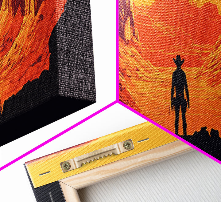 Cowboy Silhouette In Orange Desert Canyon Canvas Print, Retro Western Landscape, Southwestern Wall Decor, Man Cave Art Gift