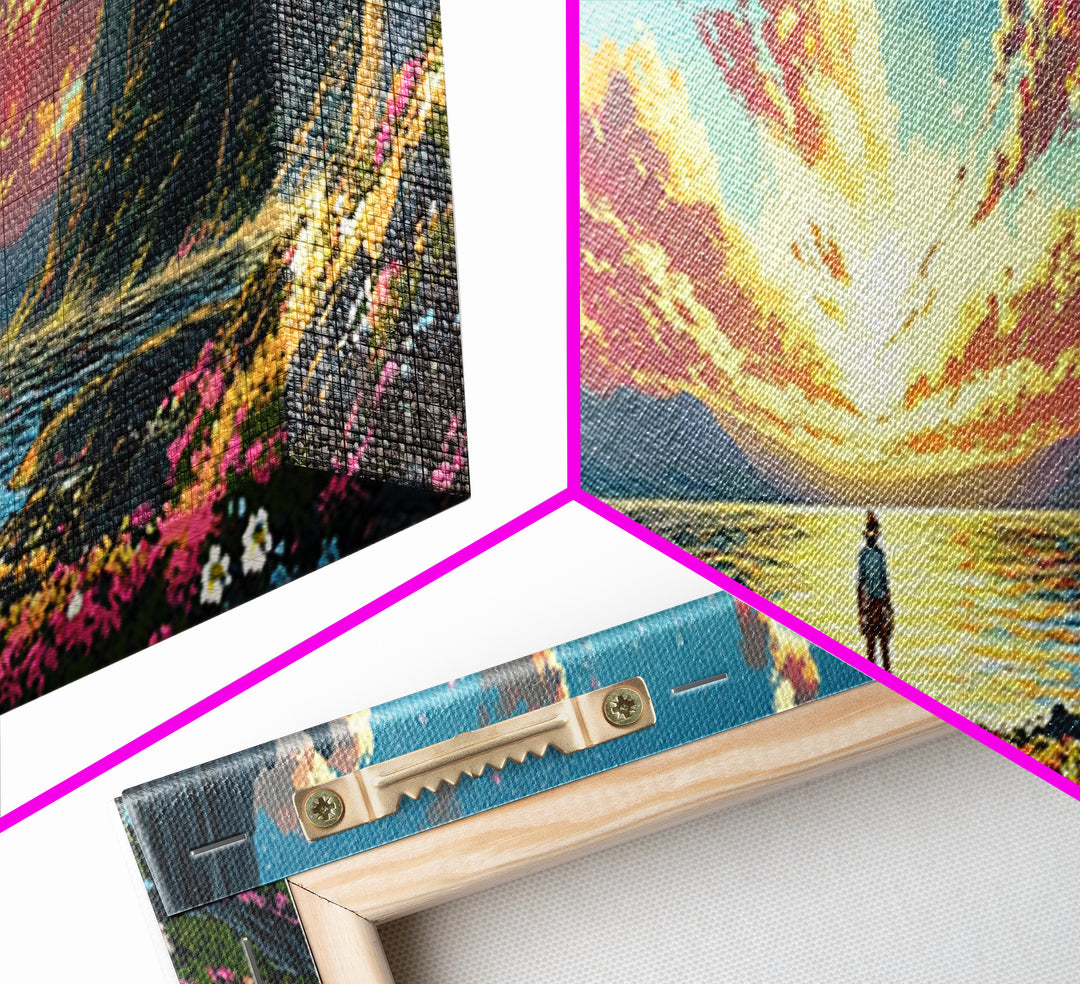 Lone Figure Beside Flowered Alpine Lake Wall Art, Panoramic Mountain Landscape Canvas Print For Bedroom Wall Decor Housewarming Gift