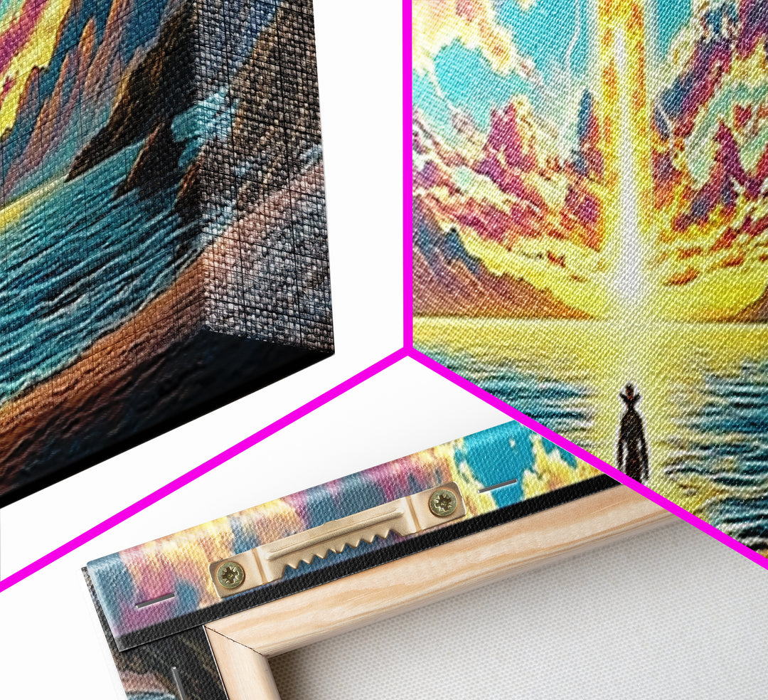 Glowing Portal Over Sunrise Ocean Shore Wall Art, Surreal Mountain Landscape Framed Canvas Print For Modern Living Room Decor