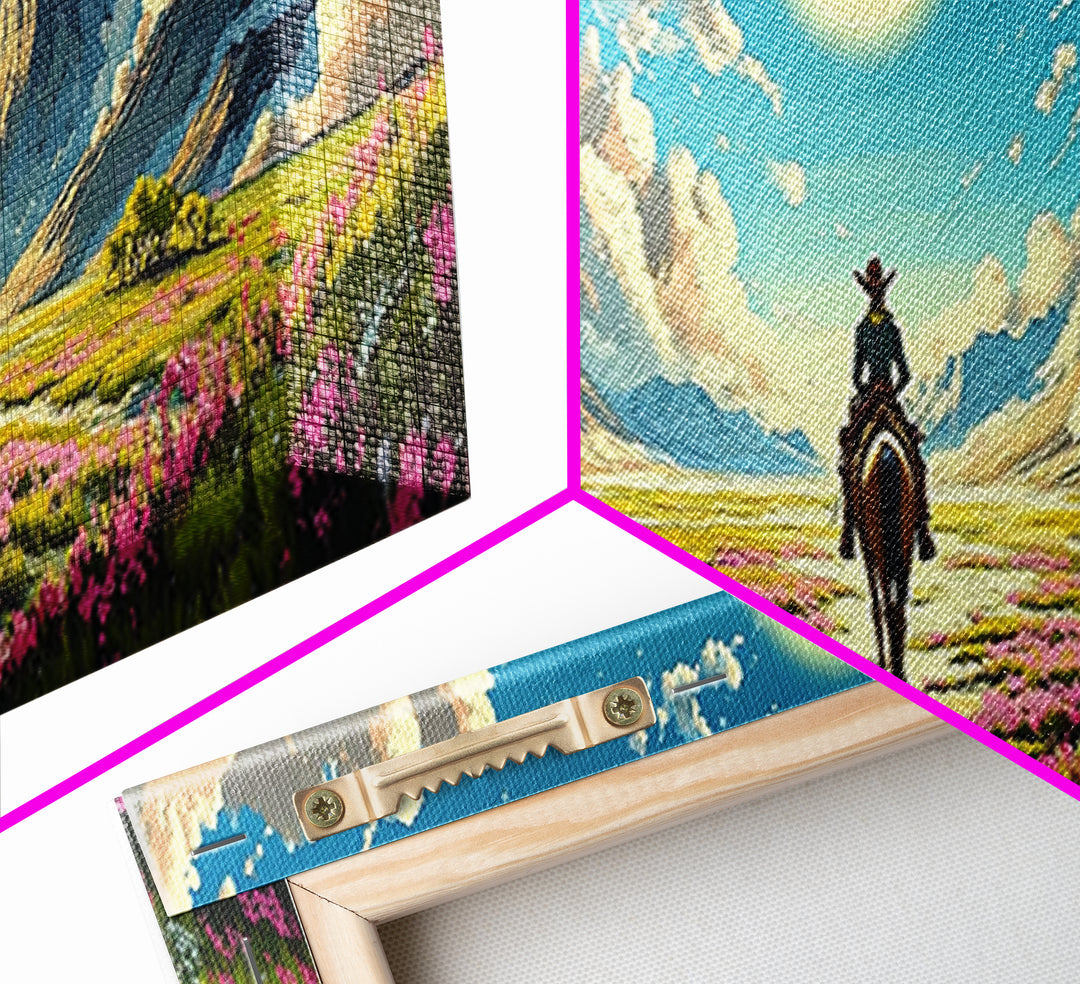 Cowboy Riding Through Moonlit Flower Valley Wall Art, Western Mountain Landscape Framed Canvas Print For Rustic Home Decor Gift