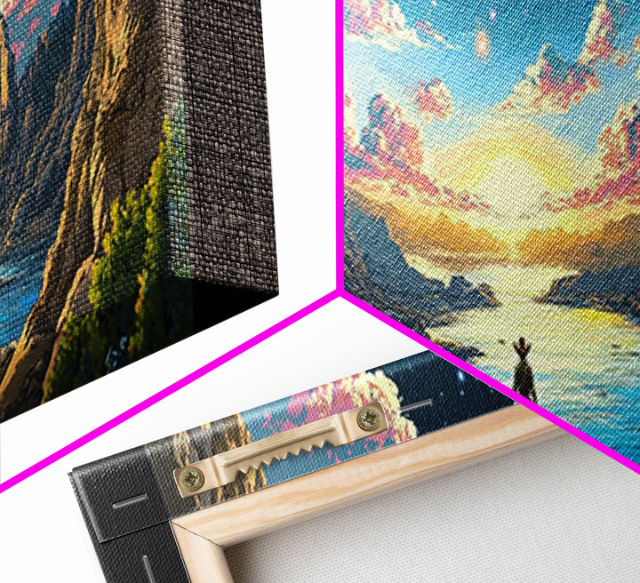 Starry Canyon Lake Cowboy Wall Art, Western Landscape Canvas Print, Sci Fi Desert Decor, Panoramic Living Room Art, Home Decor