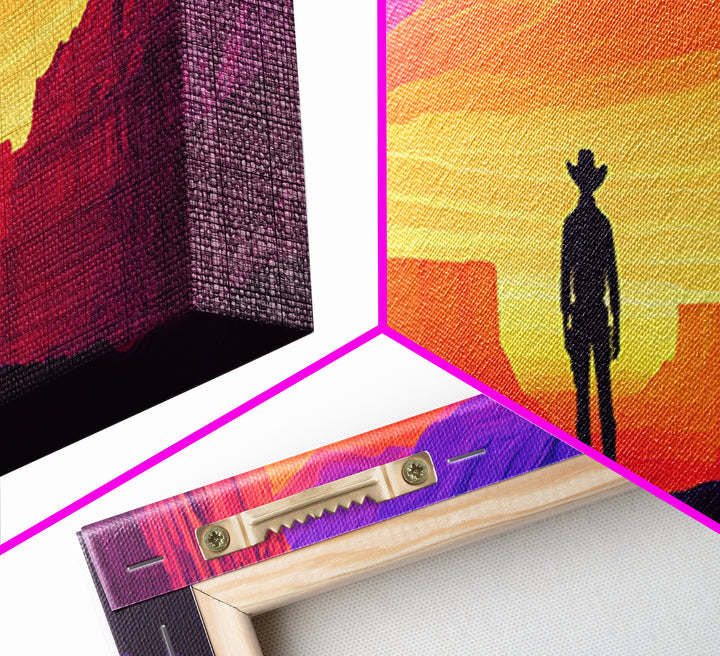 Neon Sunset Cowboy Canyon Wall Art, Western Desert Canvas Print, Vibrant Southwestern Decor, Panoramic Man Cave Art, Home Decor