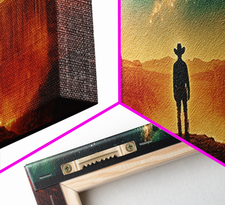 Milky Way Canyon Cowboy Wall Art, Western Desert Canvas Print, Sci Fi Night Sky Decor, Panoramic Office Decor Living Room Art