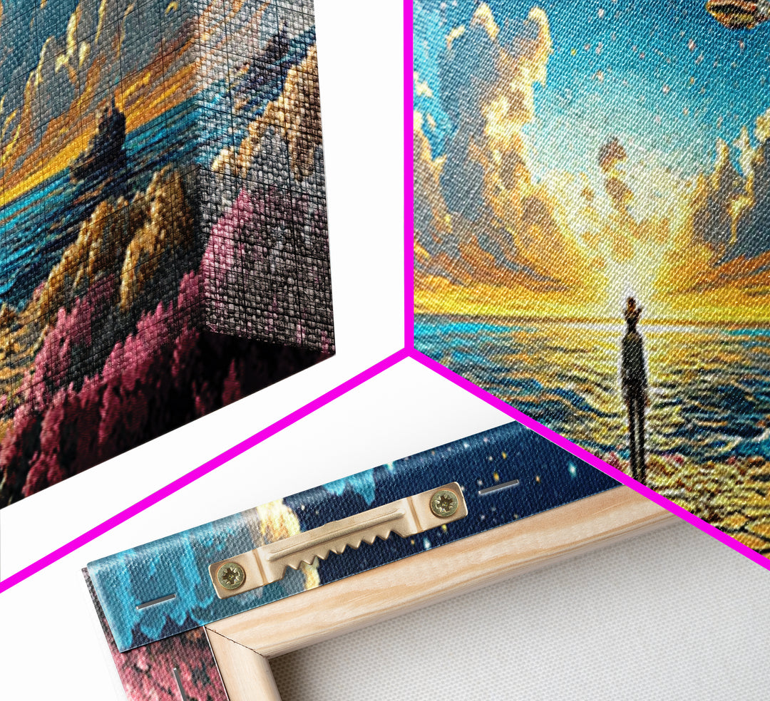 Ufo Seaside Sunrise Cowboy Wall Art, Coastal Sci Fi Canvas Print, Starry Ocean Decor, Panoramic Fantasy Living Room Art, Home Decor
