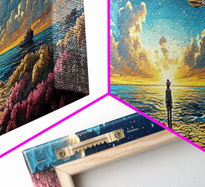 Ufo Seaside Sunrise Cowboy Wall Art, Coastal Sci Fi Canvas Print, Starry Ocean Decor, Panoramic Fantasy Living Room Art, Home Decor